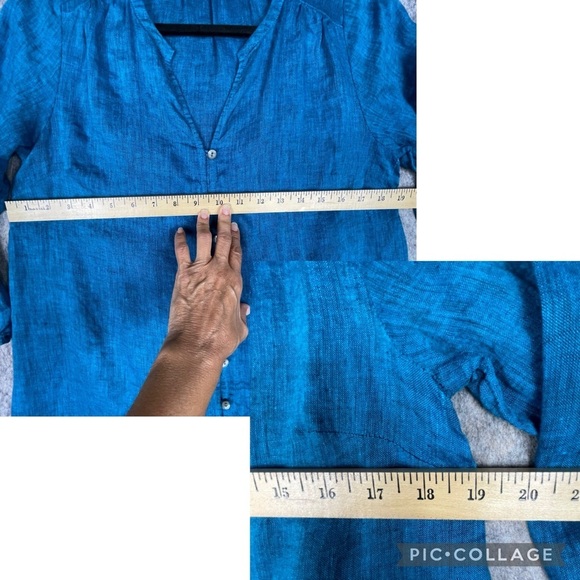 Pure Jill Linen Aqua Blue 3/4 Sleeve Easy Button-Front Lagenlook Tunic Top  Sz S - Picture 13 of 13